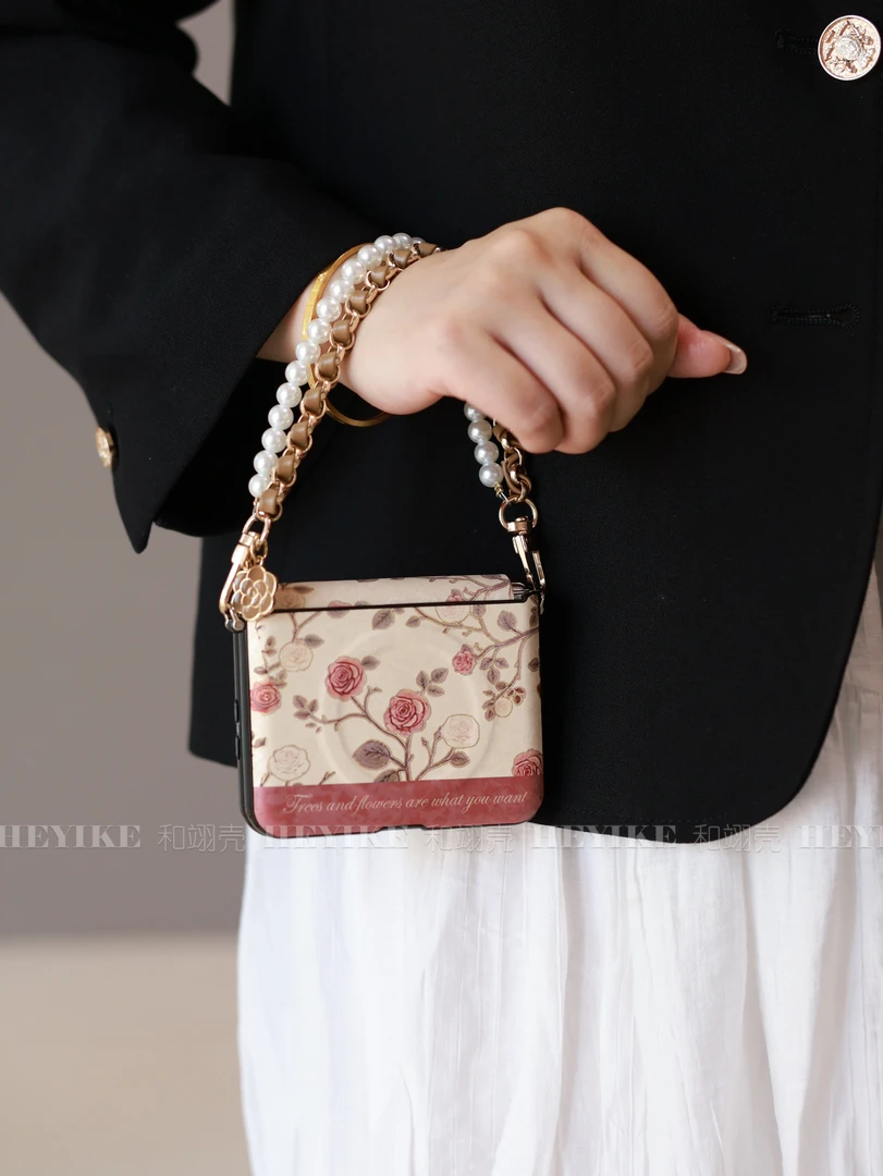 复古烫金山茶花适用华为purax手机壳magicvflip2中轴pocket2斜挎