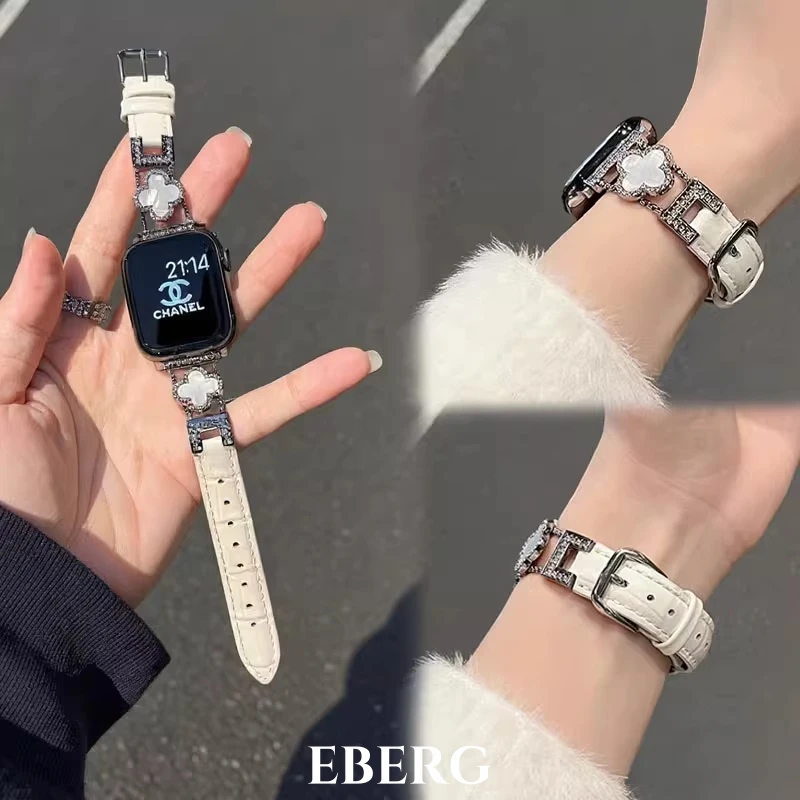 适用苹果iwatchs11手表表带s10四叶草真皮applewatchs9女款se腕带