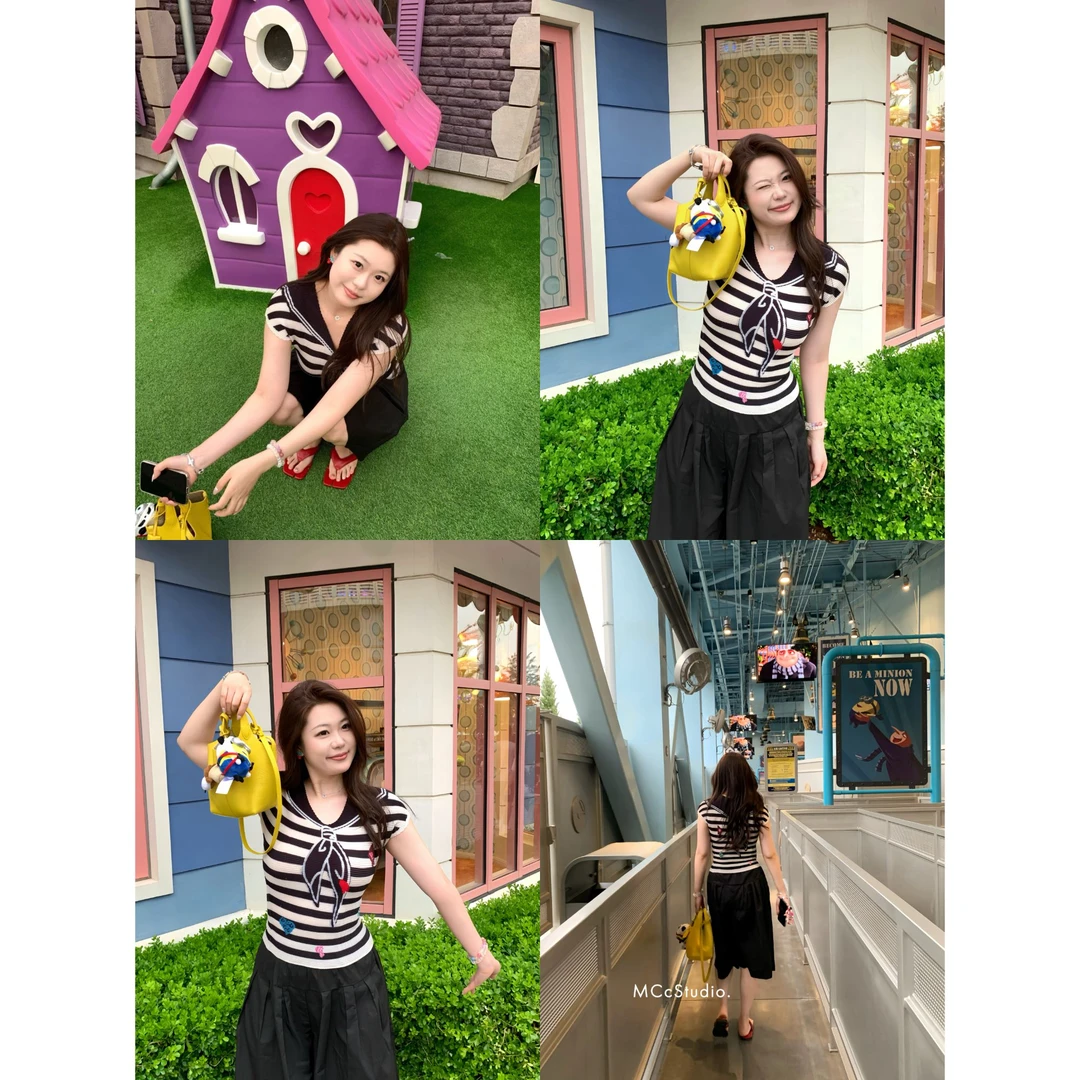 MCcStudio领结小衫 超大弹力无尺码学院风玉米粒小衫短袖t#66892