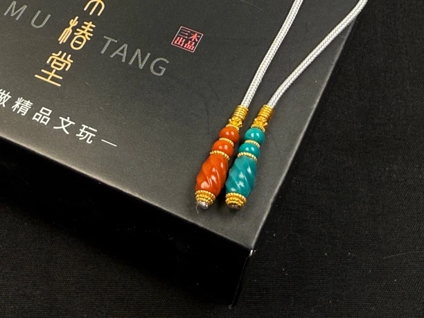 原矿绿松石弟子珠➕瓦西南红扭旋雕刻➕18k 璀璨夺目 全品无暇