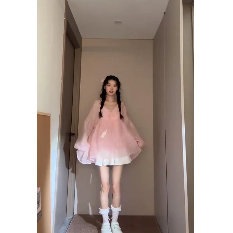 2025秋夏新款甜美风穿搭宽松百搭粉色长袖上衣高腰显瘦休闲短裙女