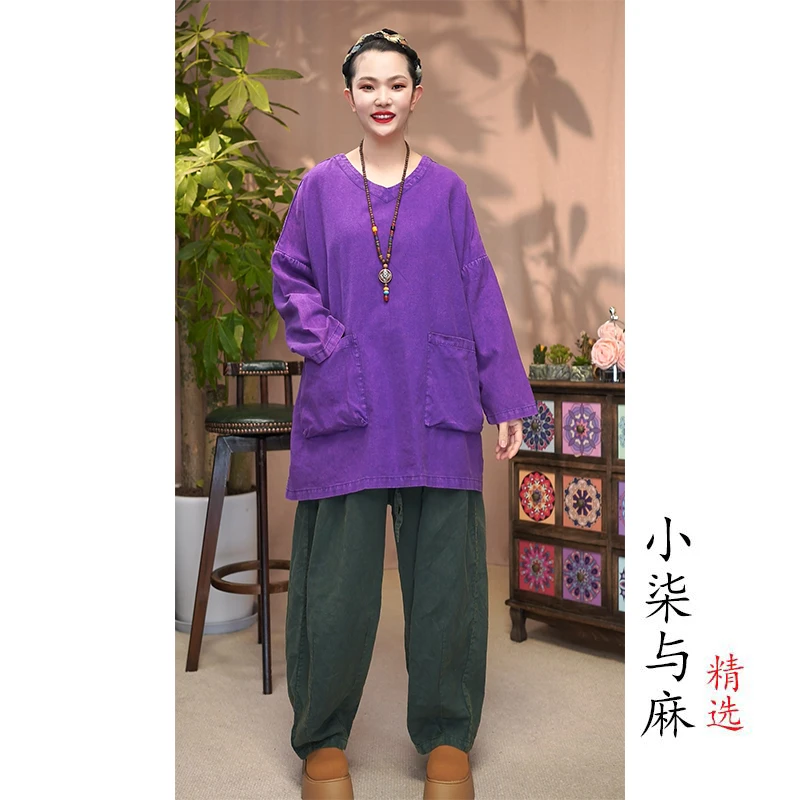 【小柒与麻】春秋季新款复古风亚麻V领带口袋小衫（衣长70胸围148）