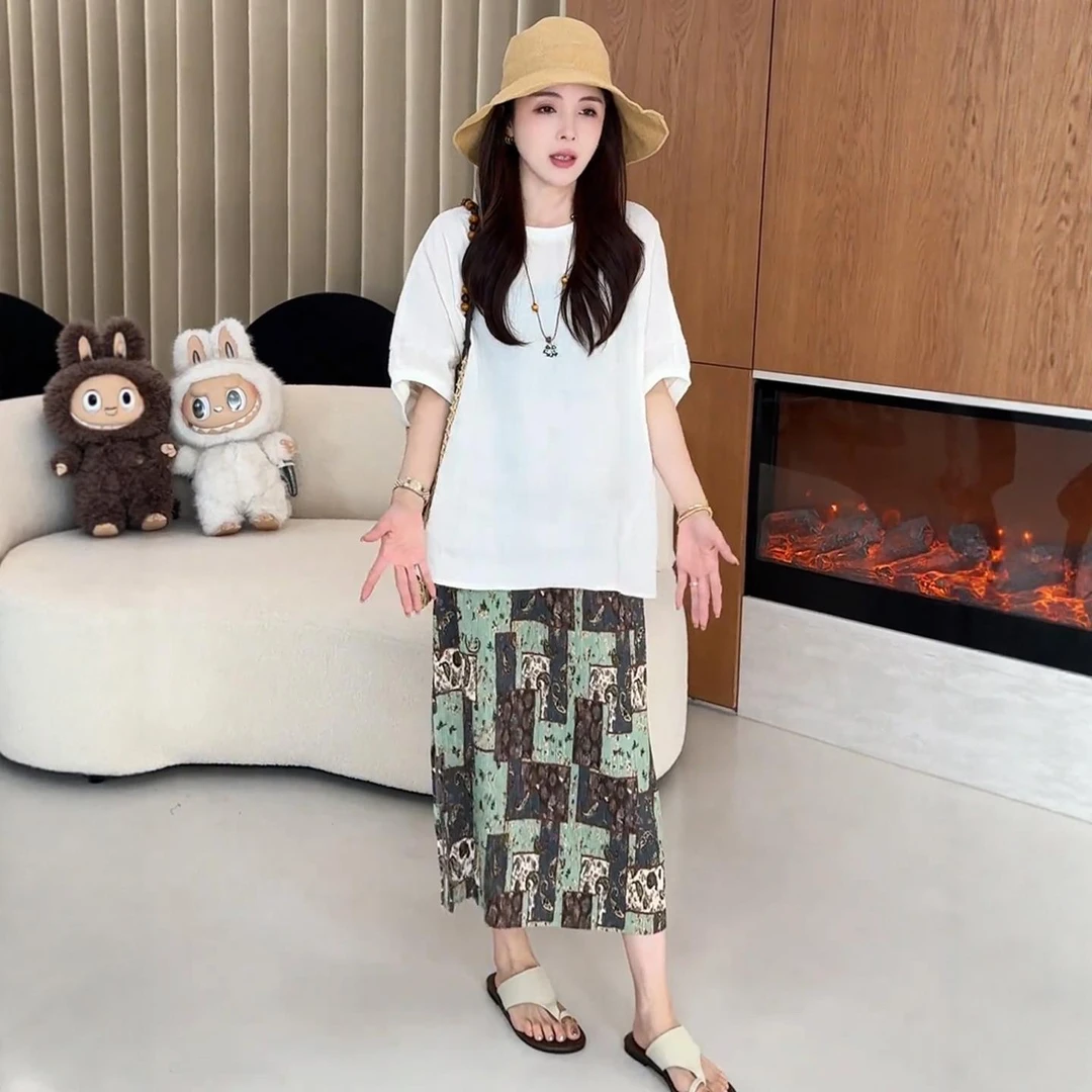 熙贝3【印象派】欧货复古印花半身裙新款松紧腰开叉A字中长裙女夏季