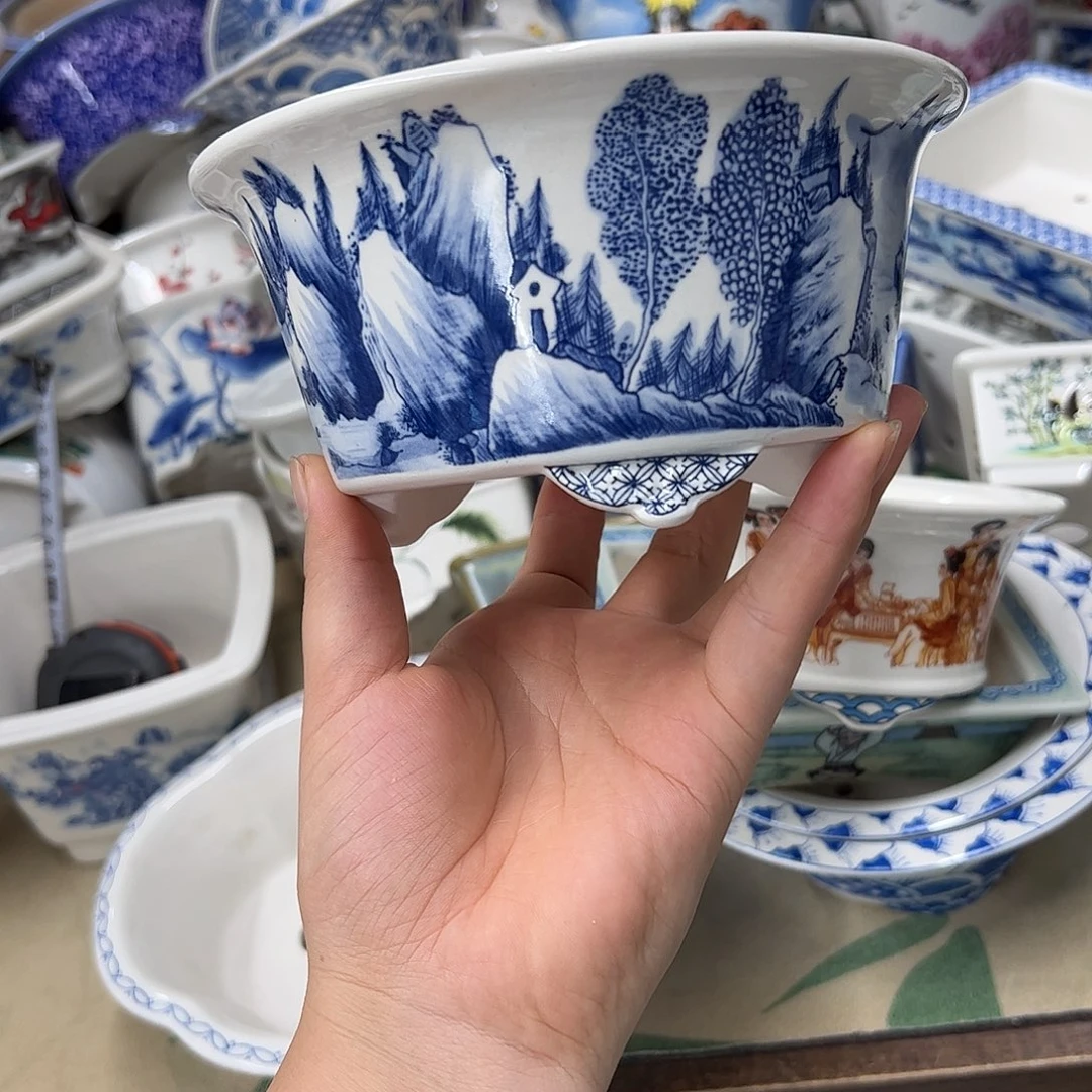 紫砂花盆918号瑕疵15/7.5cm仿手绘青花云足圆