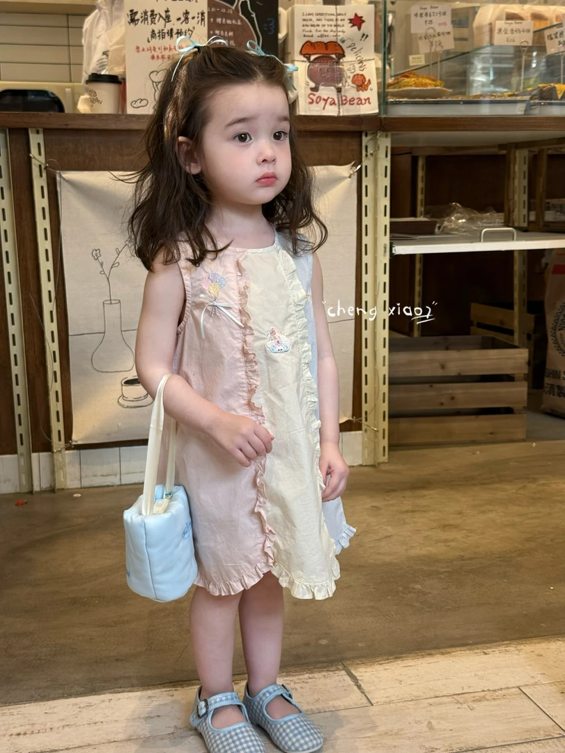 2025夏季新款韩版马卡龙色女童连衣裙荷叶边无袖女宝洋气卫衣裙潮