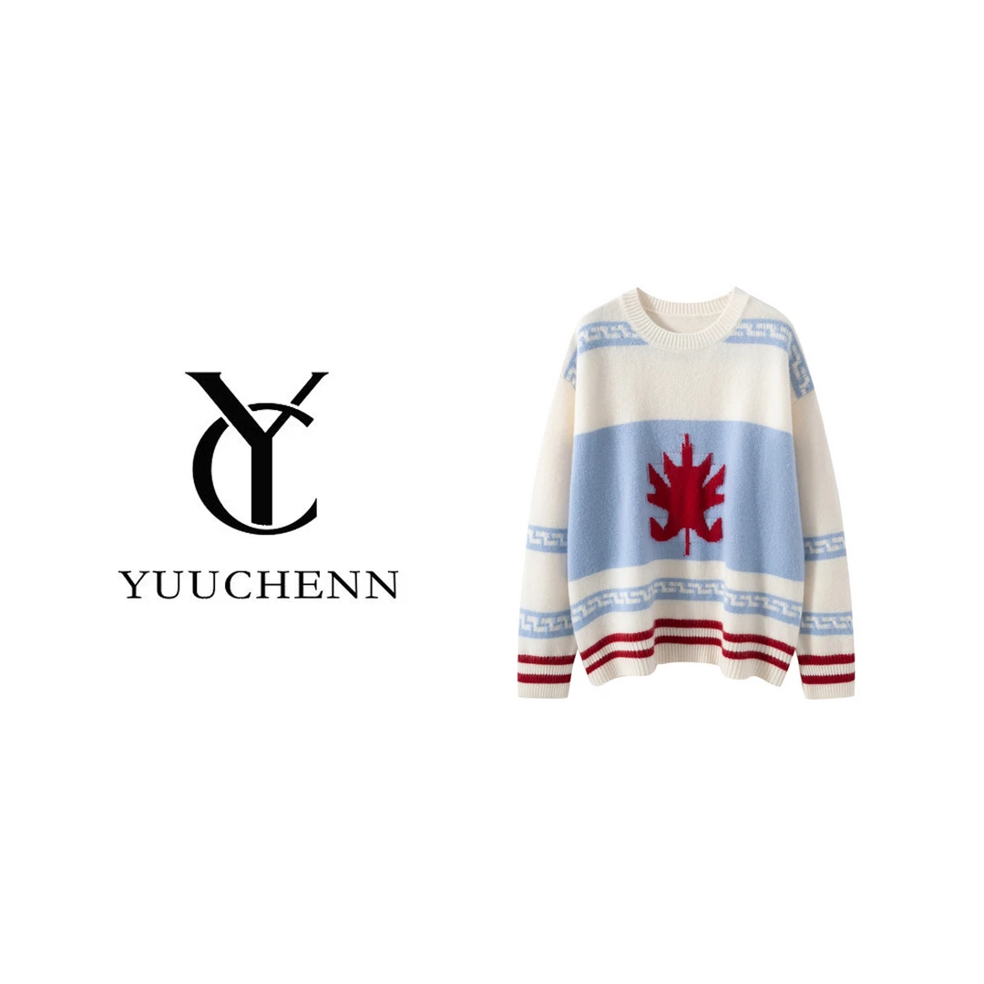 YUUCHENN羊绒重工枫叶提花圆领5095