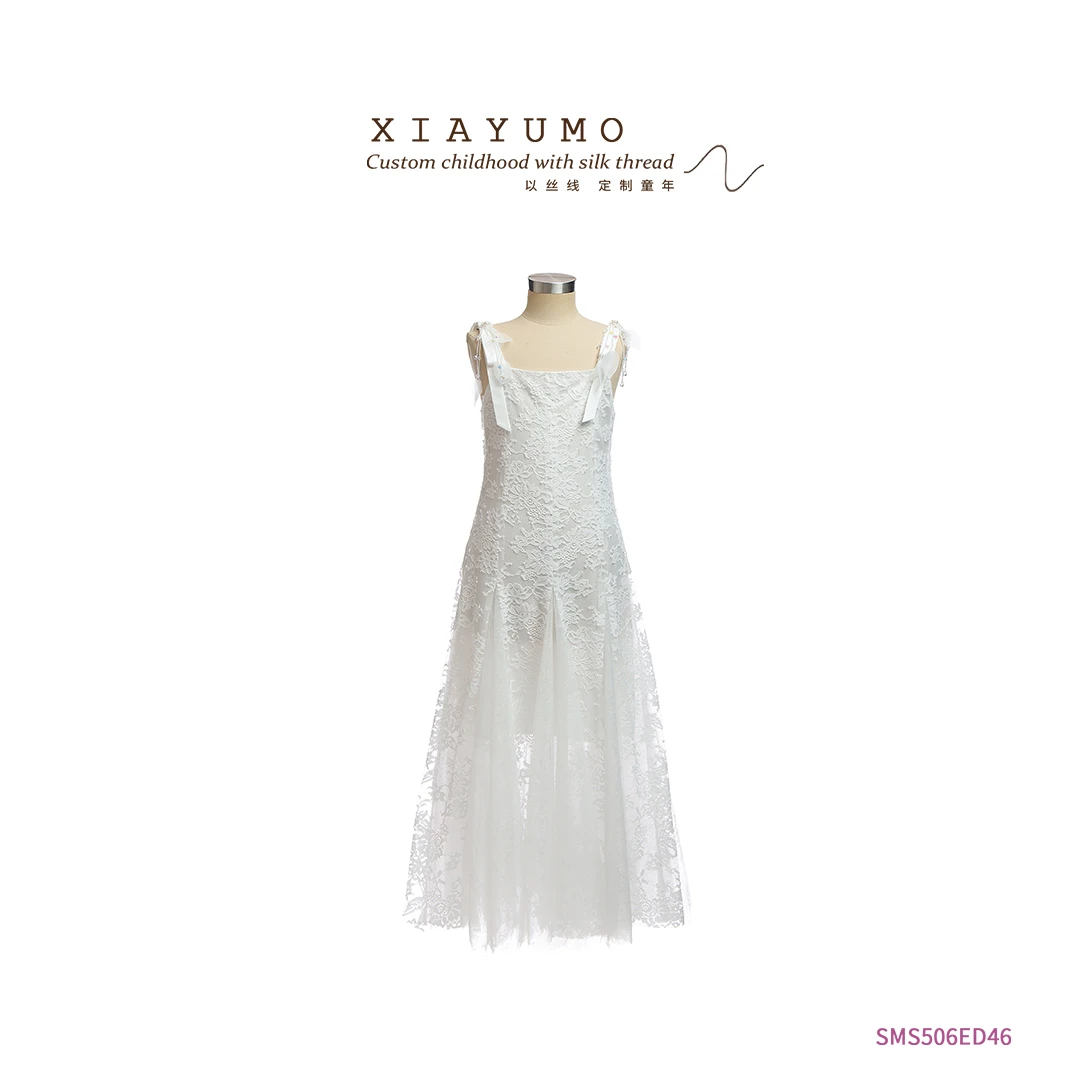 夏羽墨夏季新品白色无袖吊带气质轻奢时尚走秀生日优雅蕾丝礼裙