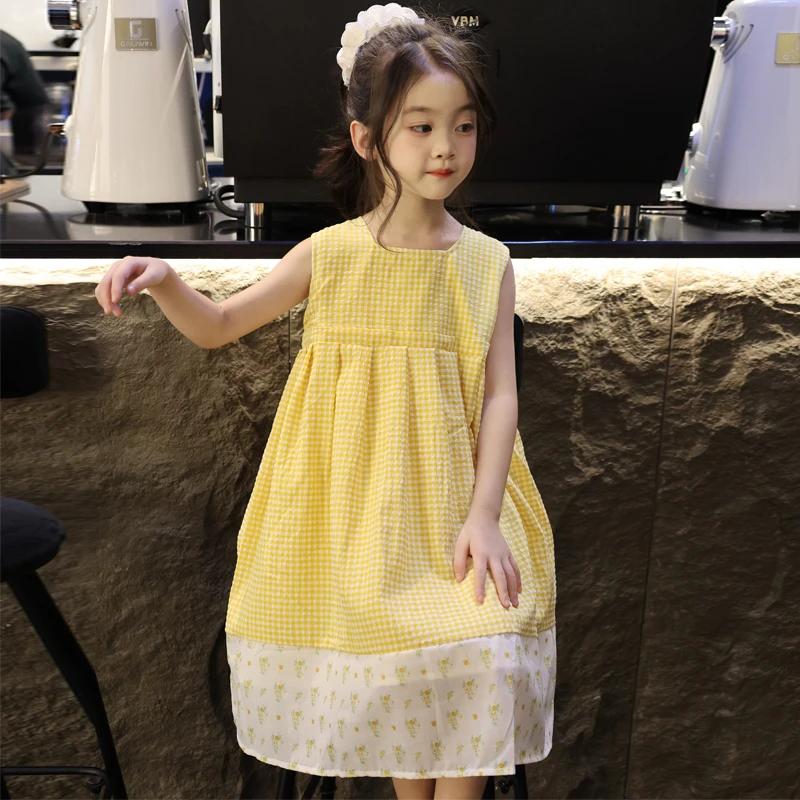 女童连衣裙夏季儿童夏款碎花裙子格子背心裙无袖纯棉宝宝公主裙潮
