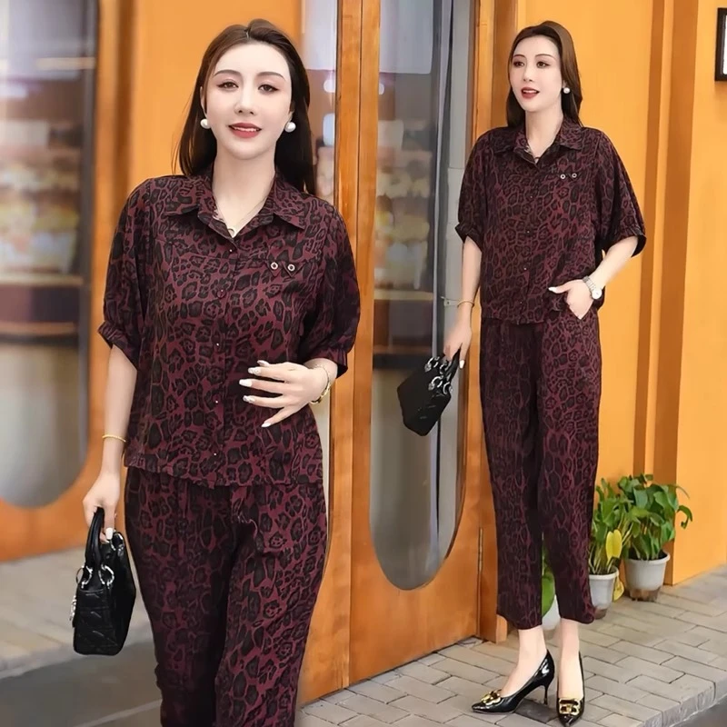 时尚套装女士夏季新款洋气宽松显瘦豹纹短袖衬衫九分哈伦裤两件套
