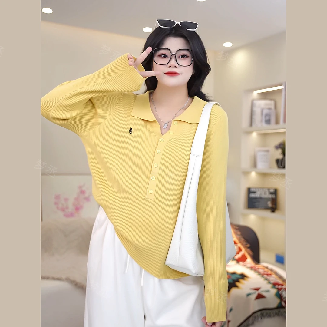 梦丞-冬季显瘦大码女装胖mm百搭简约风减龄长袖翻领针织衫女