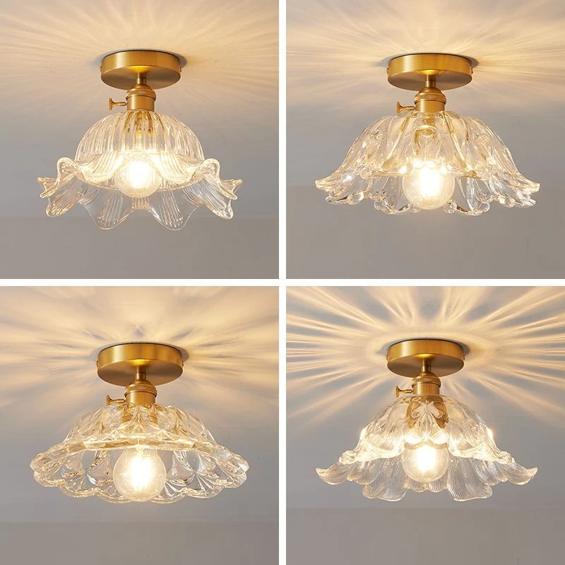 日式ins复古玻璃花形简约过道走廊吸顶灯 入户门阳台衣帽间黄铜灯