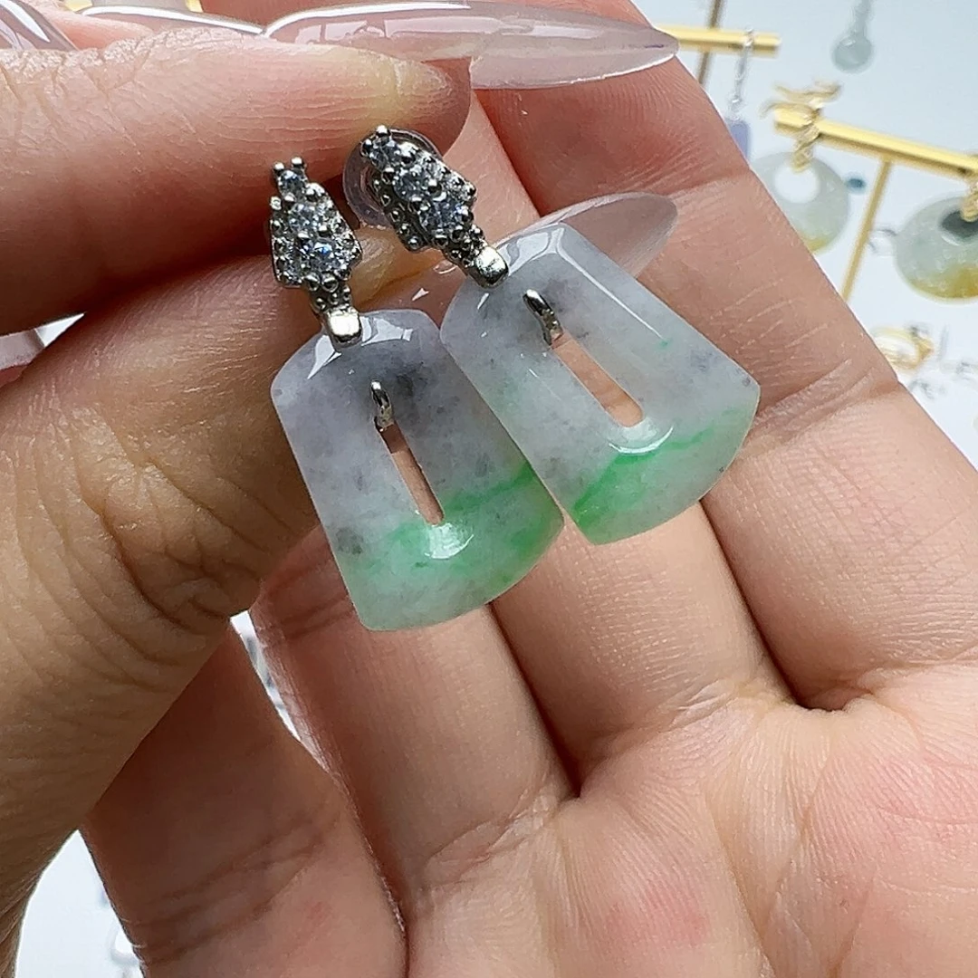 银S925镶嵌翡翠耳饰天然缅甸A货翡翠