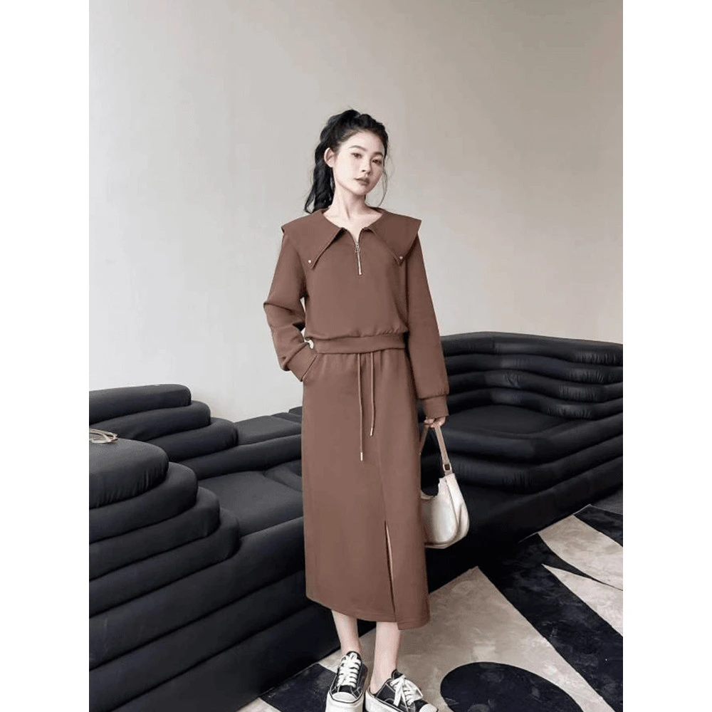 超好看洋气卫衣套装裙女2025秋季新款宽松中长款开叉半身裙两件套