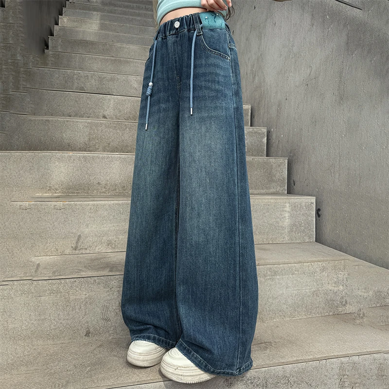 女童牛仔裤春秋款2025新款儿童秋季休闲直筒裤女大童宽松阔腿裤子