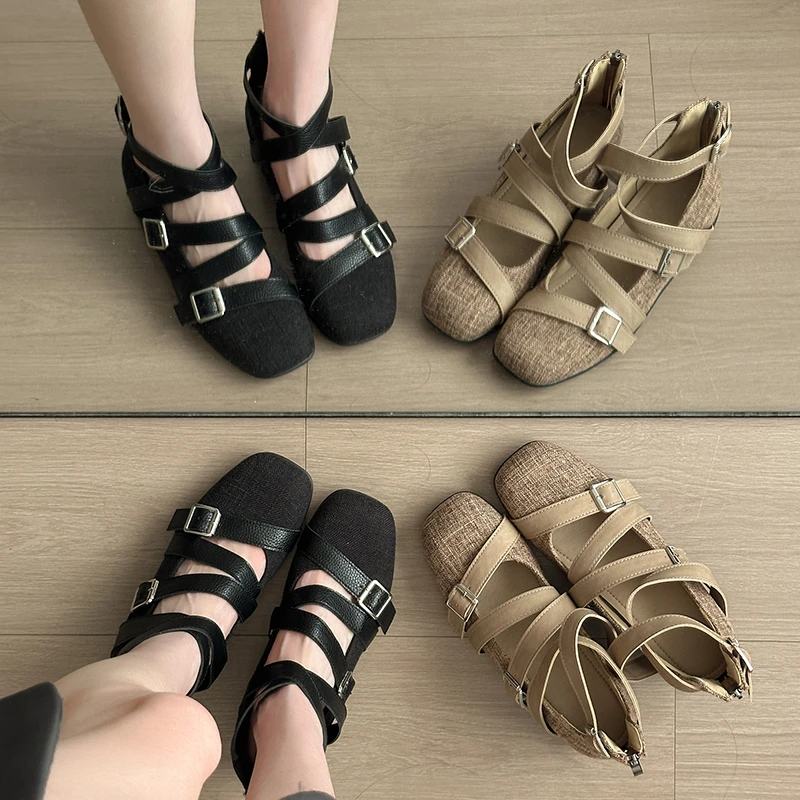 内增高法式芭蕾舞单鞋女2025爆款新款平底方头交叉带百搭玛丽珍鞋