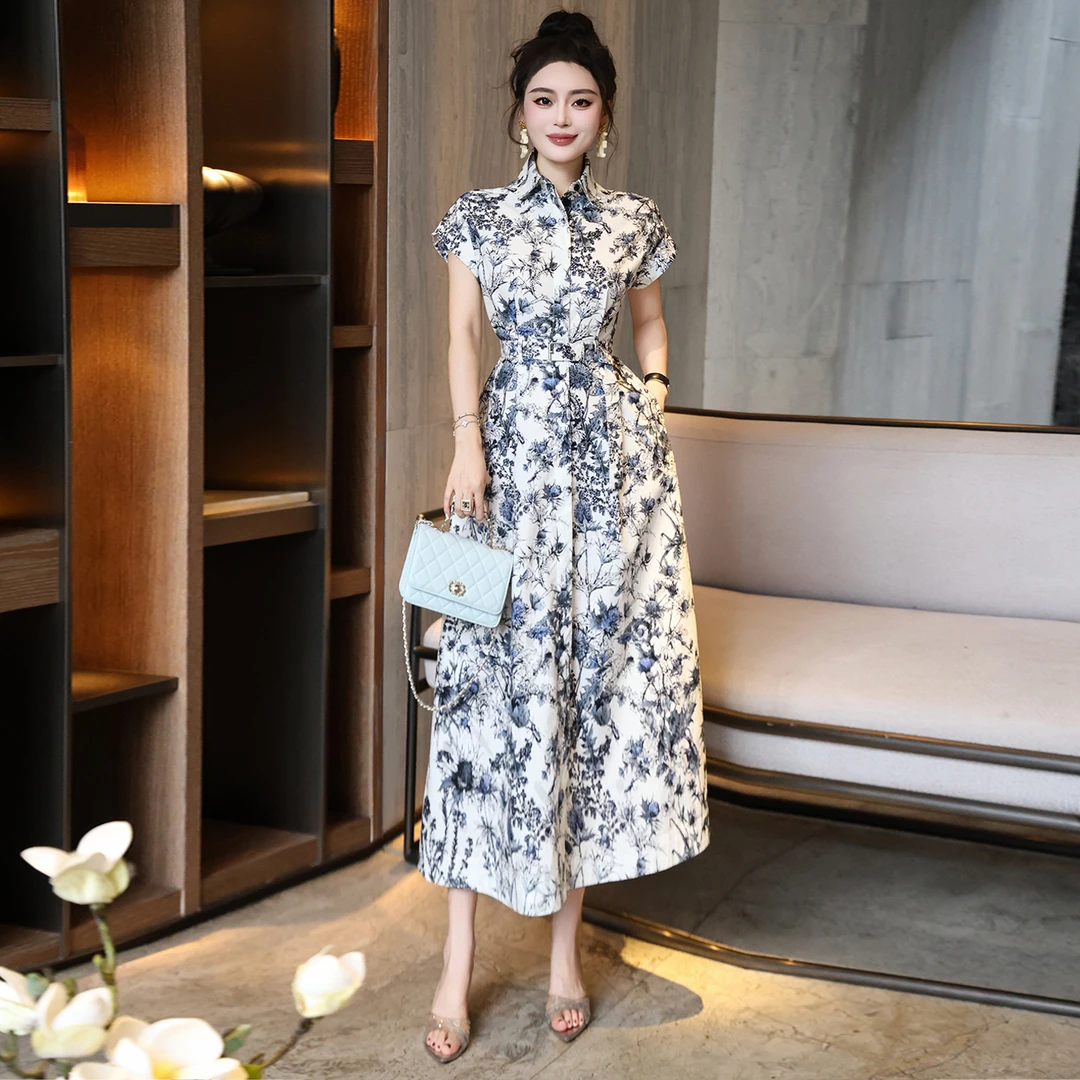 欧美风法式高级感时尚气质植物花卉清新翻领衬衫式长裙连衣裙夏季