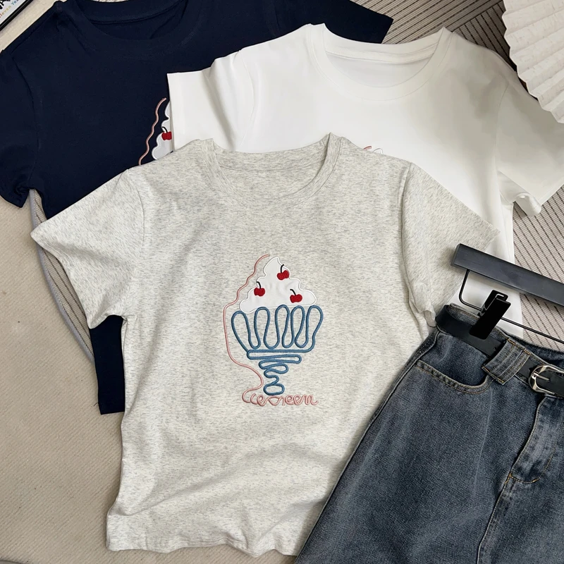 【夏日冰淇淋】韩版有弹力吸汗宽松型休闲洋气短袖3D刺绣棉t女上衣