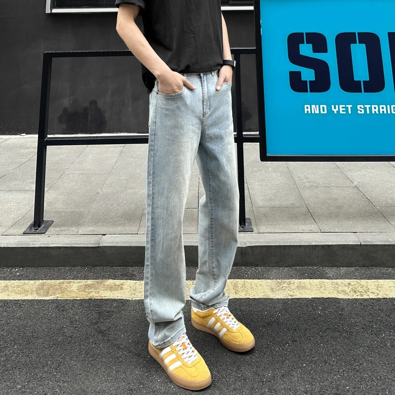 QUALCOMM复古美式牛仔裤男女浅色高街水洗做旧高腰宽松阔腿直筒裤