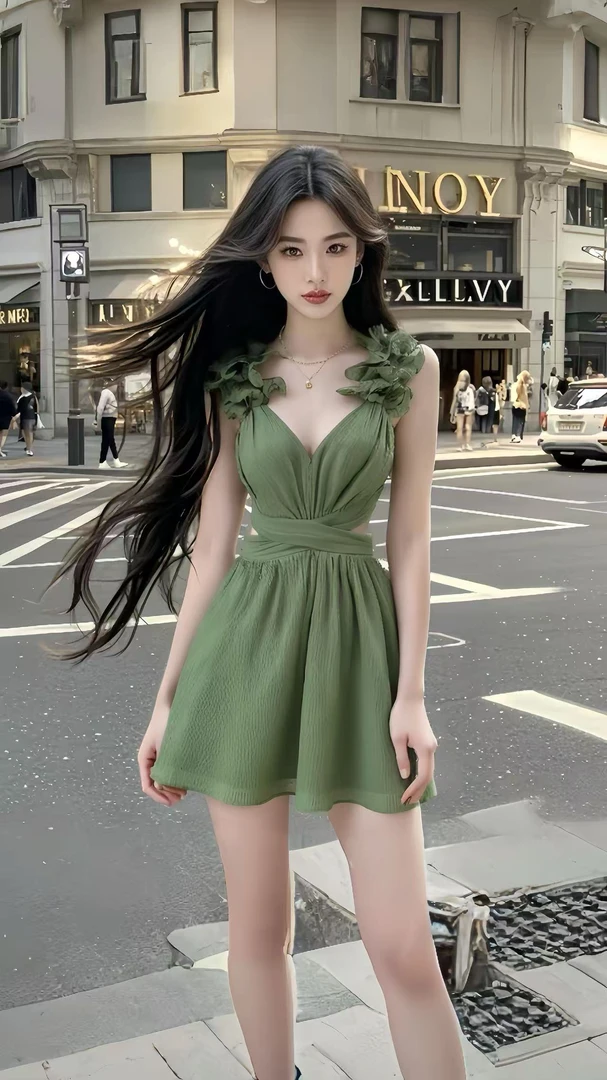 2025夏季新款别致设计感绿色V领镂空收腰连衣裙女小众高级氛围感