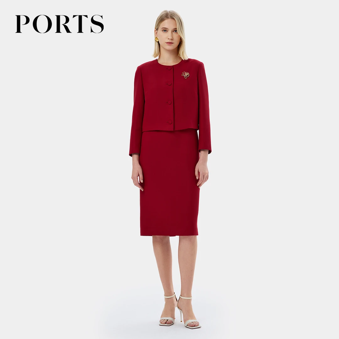 Ports/宝姿【星线好物】金属胸针装饰气质朱砂红夹克LQ8J117VWT012