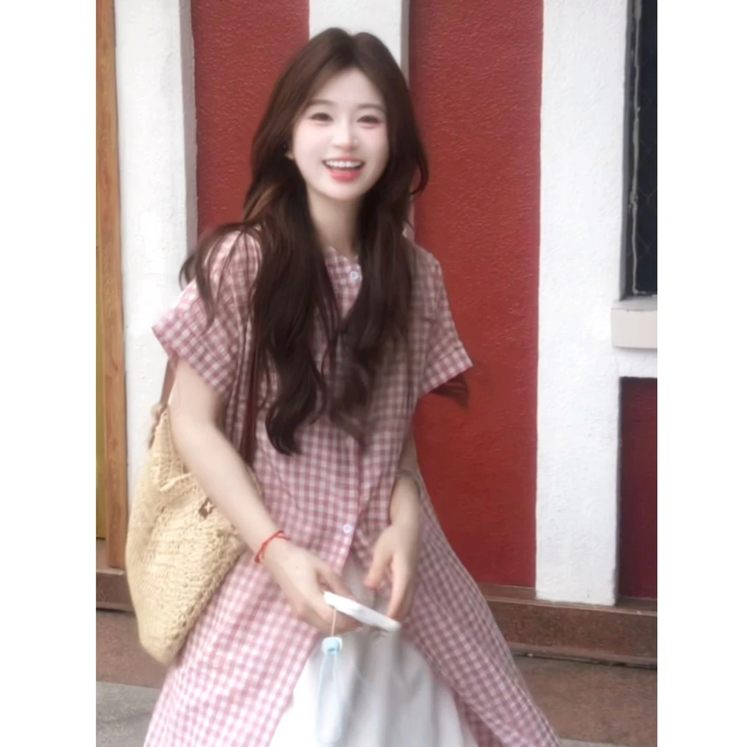 格纹长款设计感短袖衬衫女夏季新款宽松度假风休闲时尚套装7336