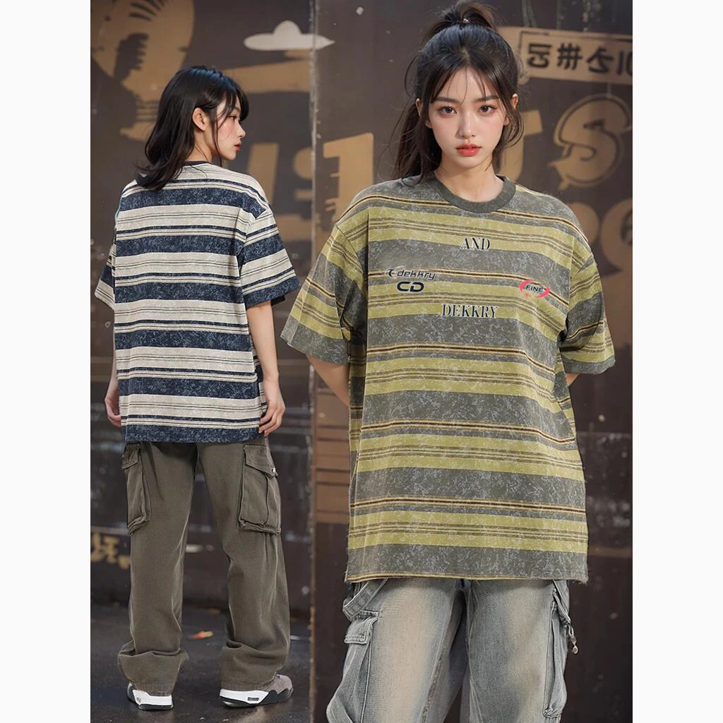 labzaavintage美式复古字母印花短袖t恤男女潮牌纯棉水洗条纹上衣