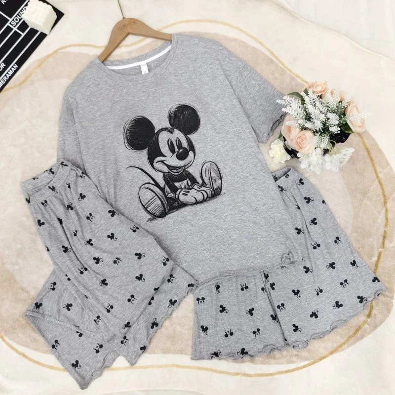 莫代尔睡衣女2025夏季短袖短裤长裤三件套米老鼠印花家居服可外穿