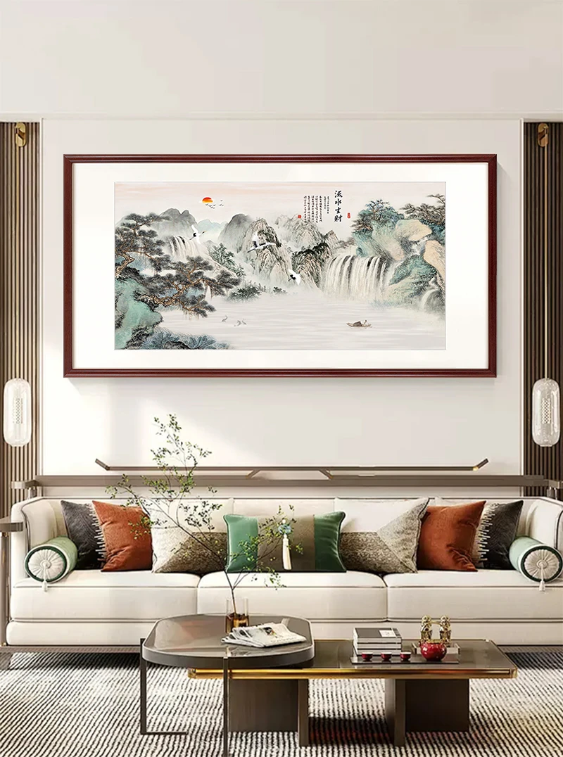 国画《流水生财》山水画新款挂画新中式客厅沙发背景装饰画靠山图