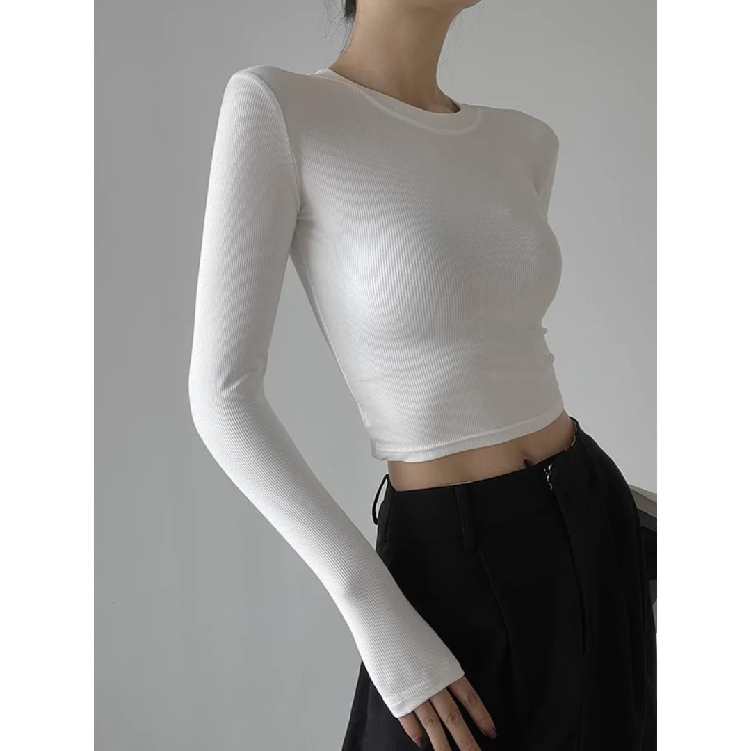 秋冬辣妹白色螺纹长袖T恤女基础款高弹力打底衫内搭外穿短款上衣
