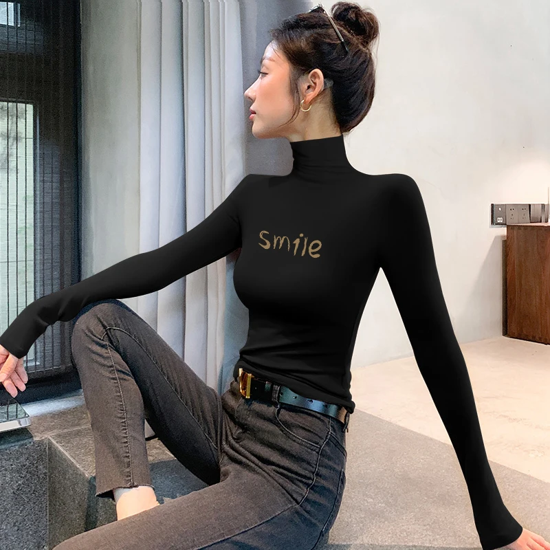 莫代尔打底衫女秋冬新款百搭高领长袖t恤简约印花设计感别致上衣