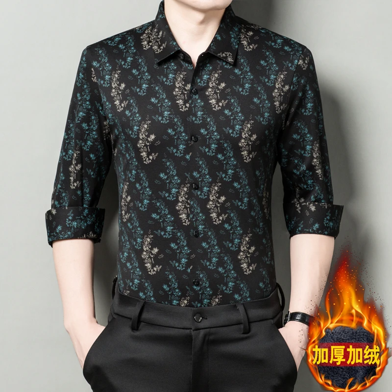 卡尔皮诺2357加绒加厚冬季男士保暖时尚潮流数码印花长袖衬衫男装