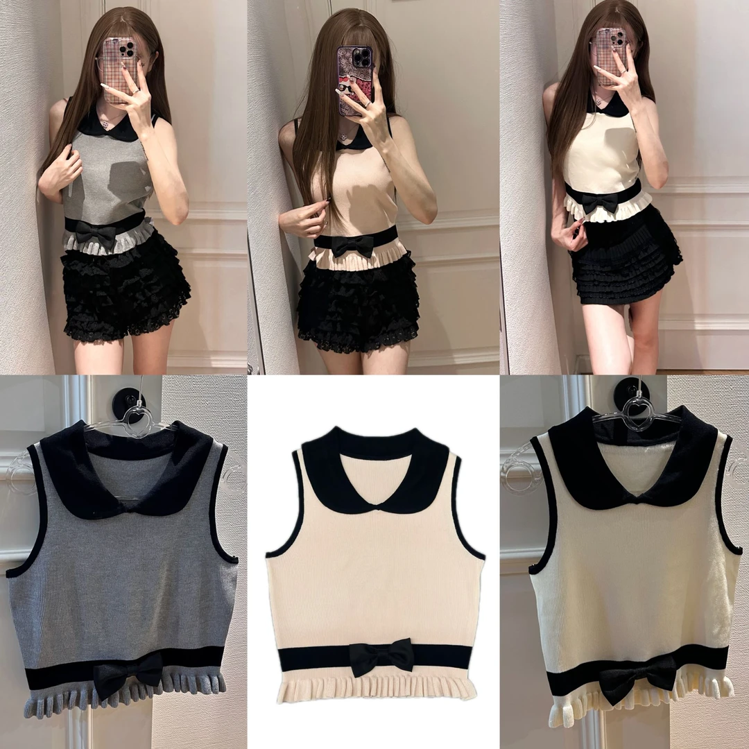 （有运补）昭和少女蝴蝶结娃娃领针织花边拼接设计无袖上衣A159