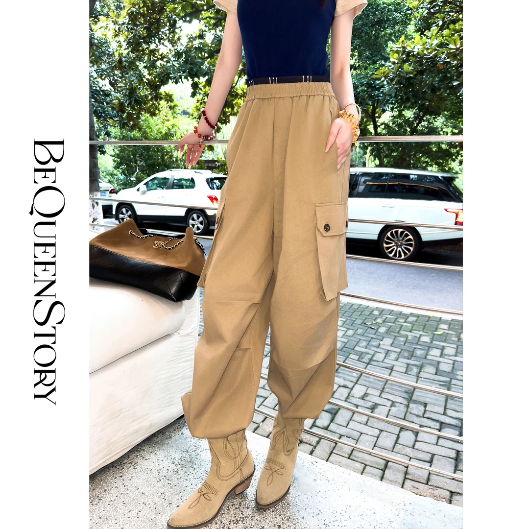 余潇潇【摩卡漫行】双腰头设计多口袋宽松遮肉裤脚抽绳休闲工装裤