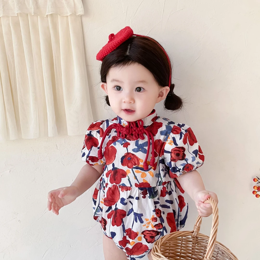 6888夏款女宝宝中国风碎花旗袍哈衣新生儿夏季薄款连体衣爬服