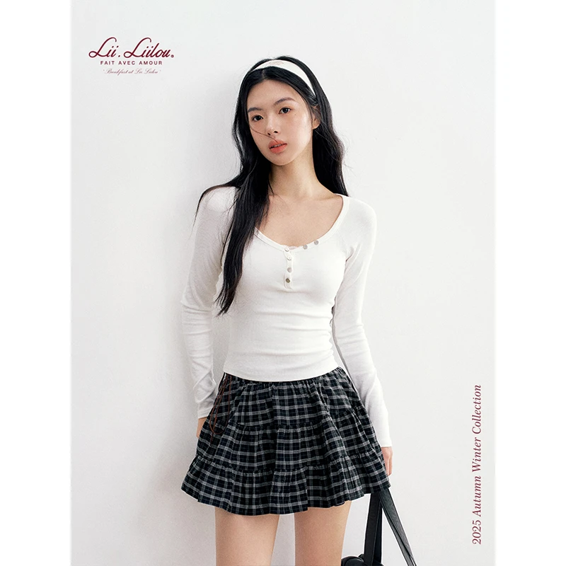 【当燃是周周专属】Liilou 25aw 插肩袖修身调节扣U领长袖打底T恤