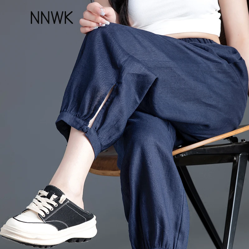 藏青色亚麻裤子女夏季薄款九分裤宽松阔腿裤外穿灯笼裤日系休闲裤
