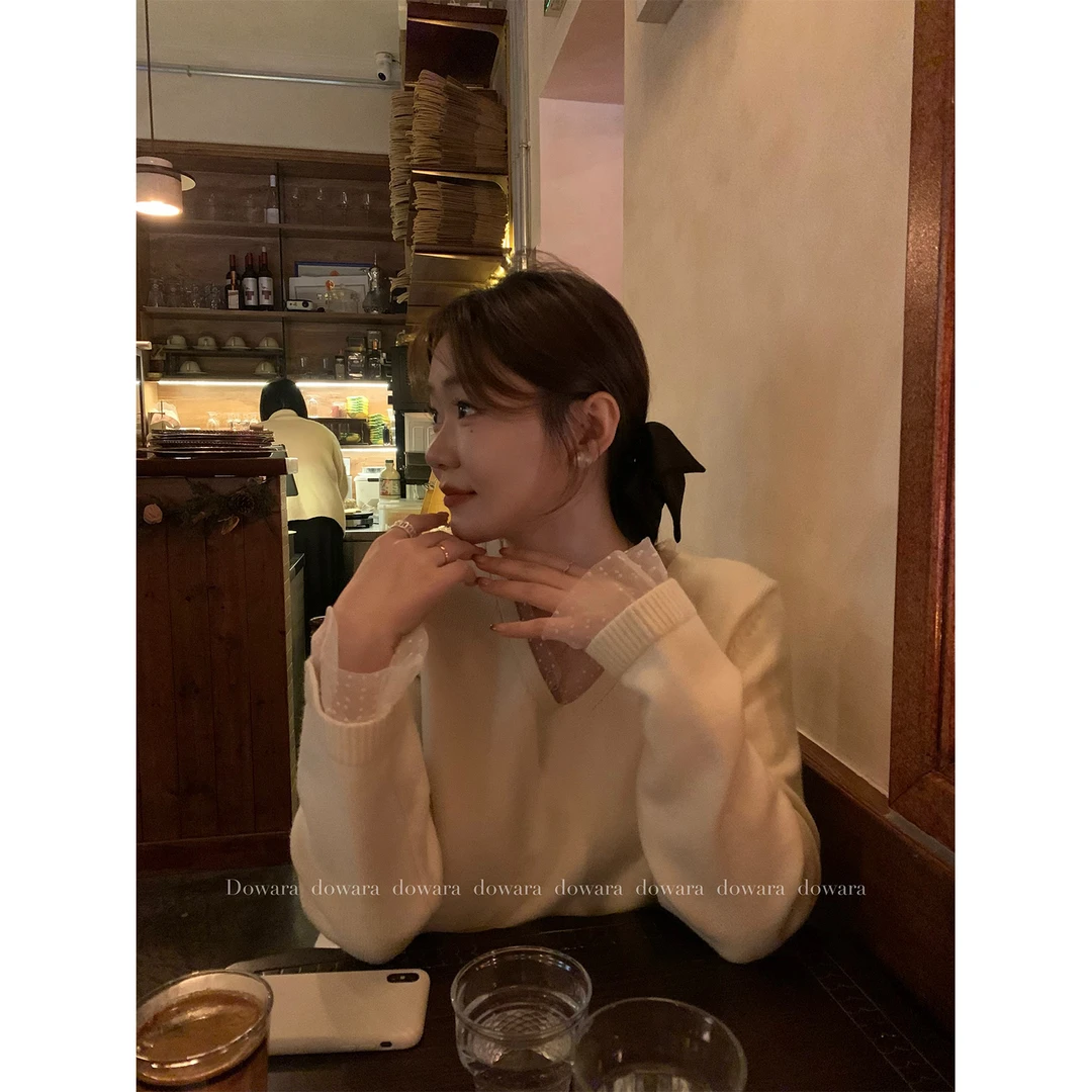 现货大婉酱微胖定制韩系设计感蕾丝拼接毛衣内搭可外穿上衣 7830D