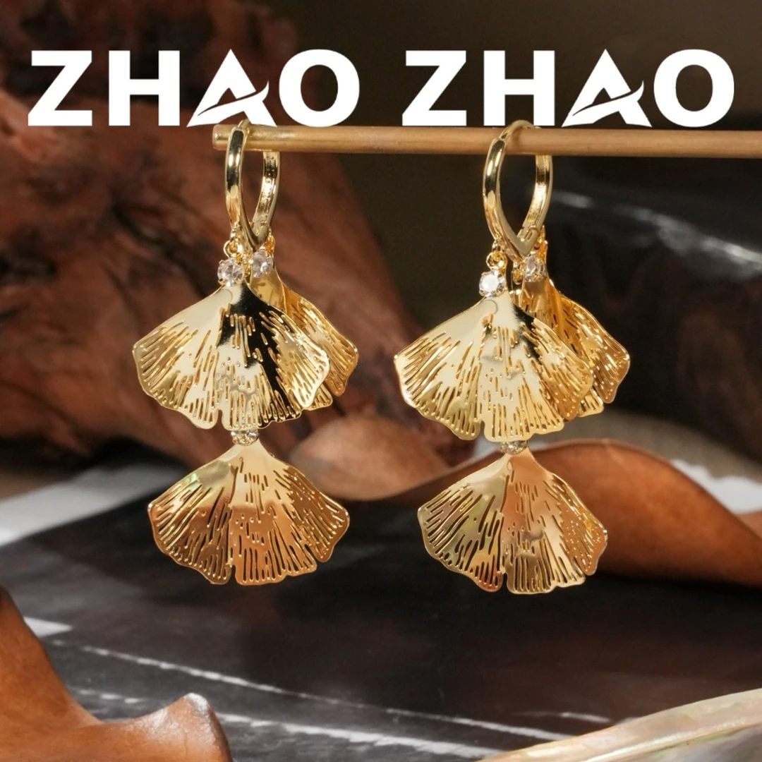 铜合金耳饰 「微风记忆」法式银杏叶流苏耳环夸张复古显脸瘦