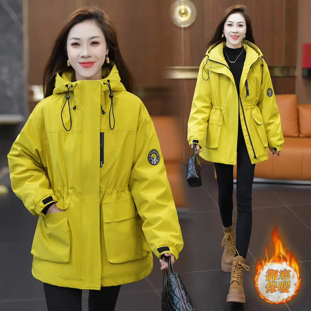 时尚连帽冲锋衣女2025冬季新款休闲洋气羽绒棉服保暖派克服外套潮