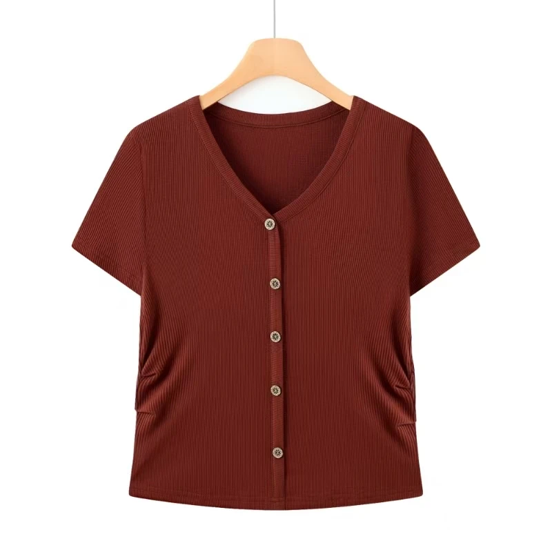 25031气质百搭正肩V领夏季时尚洋气短袖T恤（90-165）