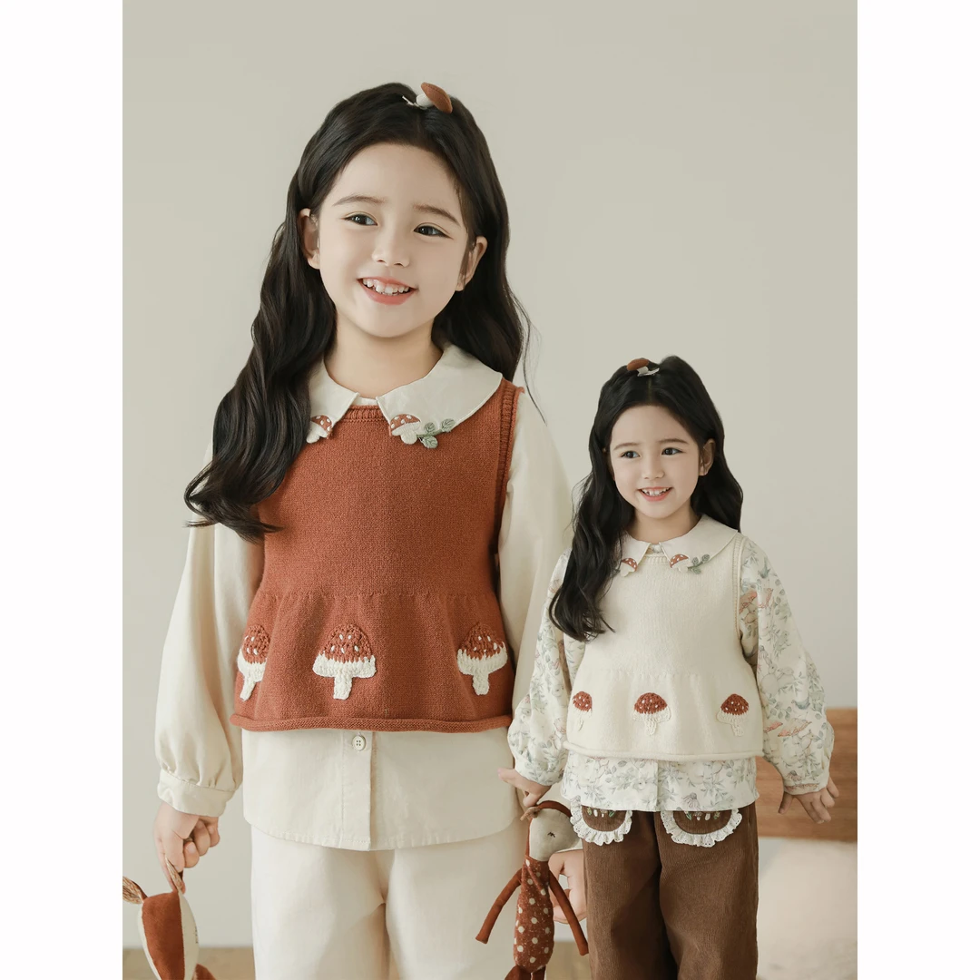 幼悠女童春装蘑菇绣花毛衣背心小女孩马甲可爱超萌儿童衣服Q4264
