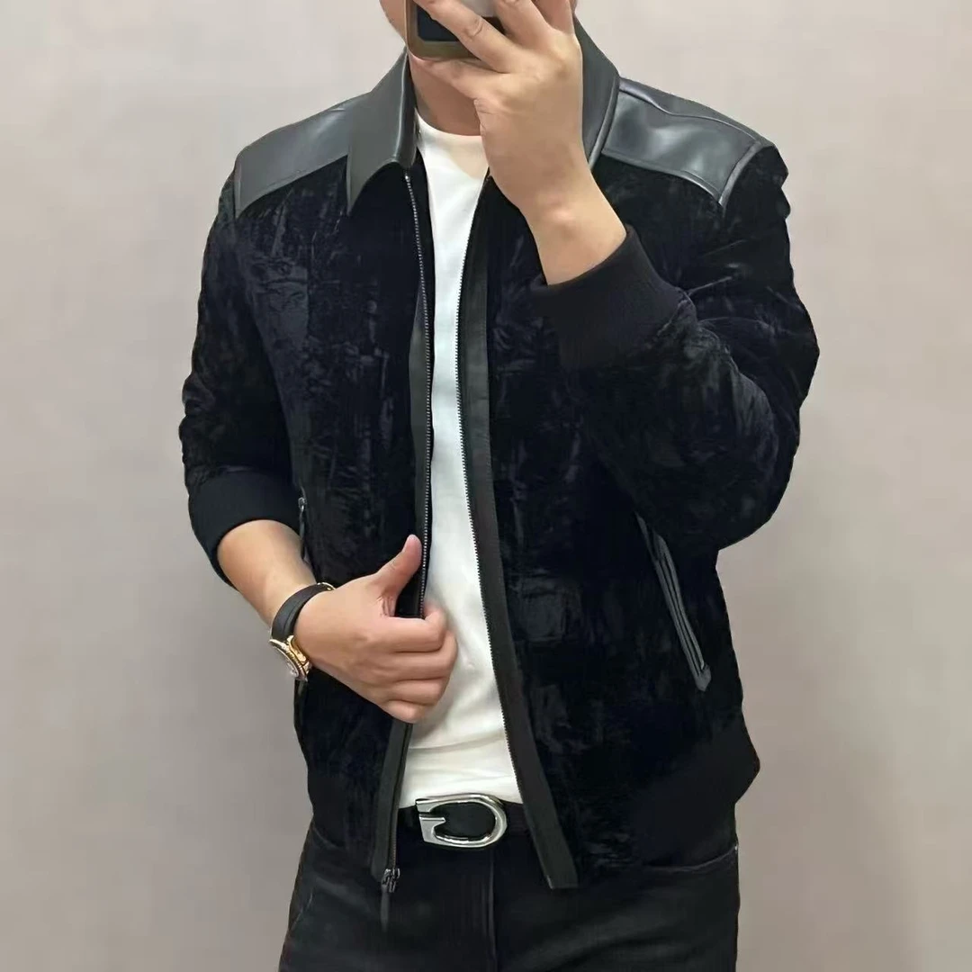 新款高端男士轻奢时尚拼皮植绒印花翻领夹克外套8119