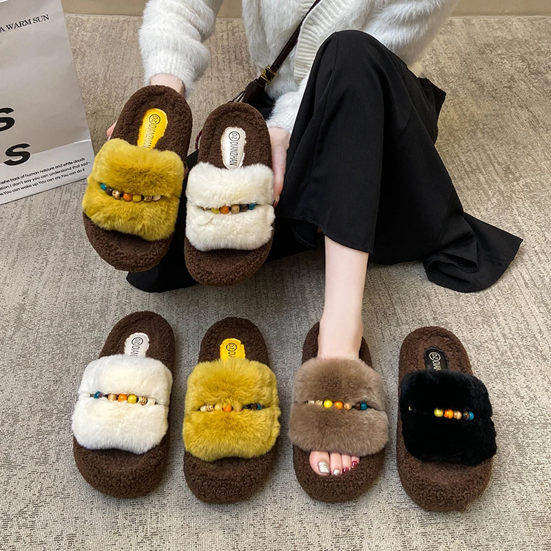 网红高级感厚底毛毛拖鞋女外穿2025秋冬季新款保暖串珠加绒棉拖鞋