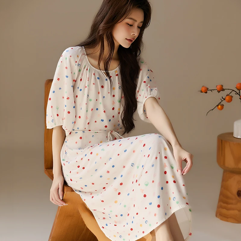 棉绸睡裙女夏季2025新款薄睡衣长裙子夏天人造棉家居服绵绸连衣裙