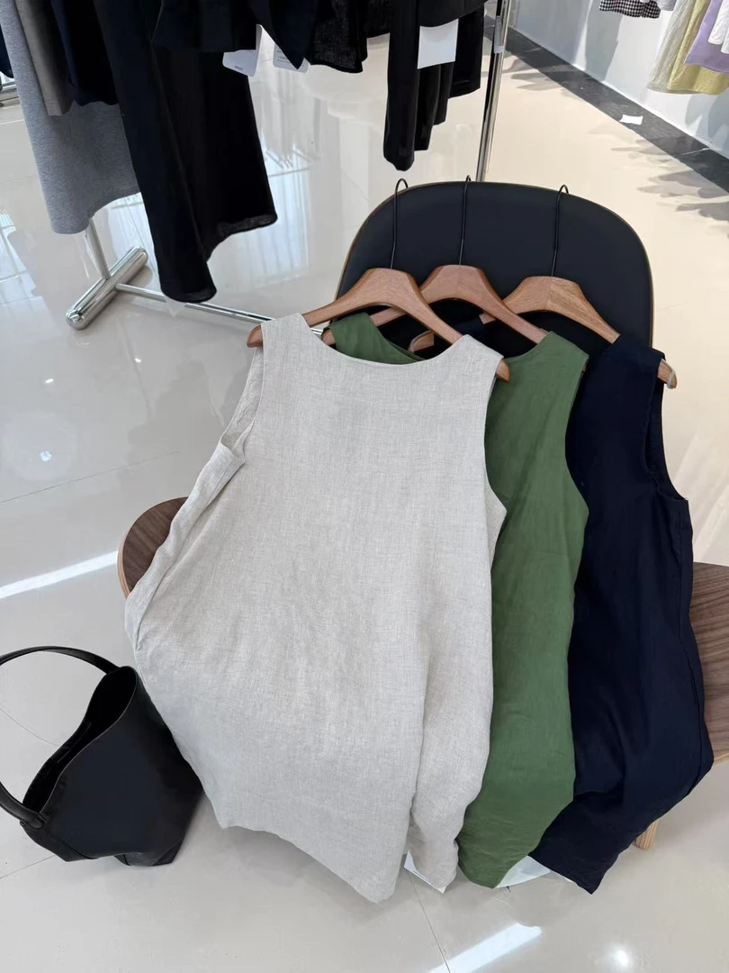 100亚麻无袖连衣裙