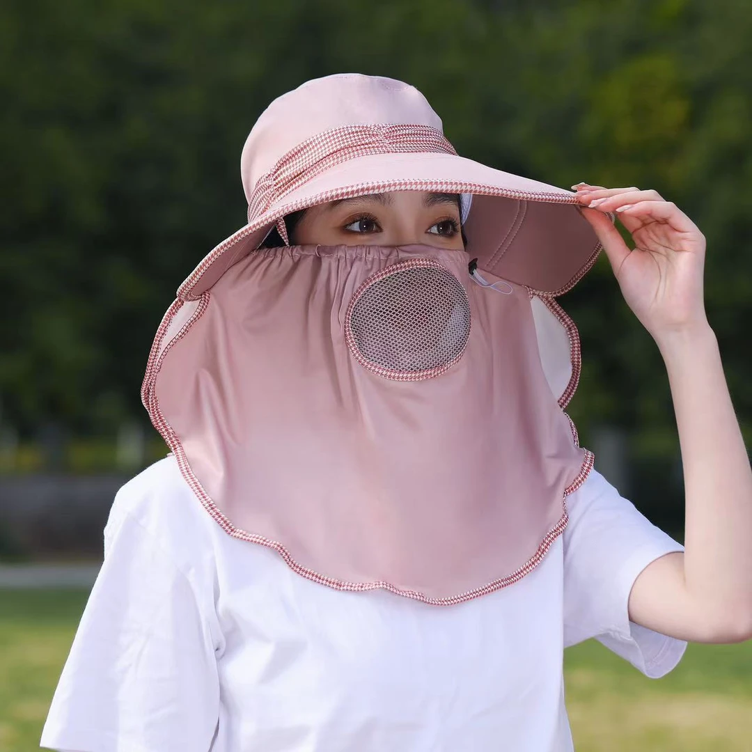 【冰丝面料】户外遮阳帽披肩面罩一体加大帽檐防晒帽骑车干活采茶帽