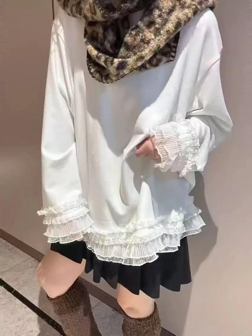 东大门韩国2024季新款女装内搭叠穿拼接蕾丝花边纯色百搭长袖T恤