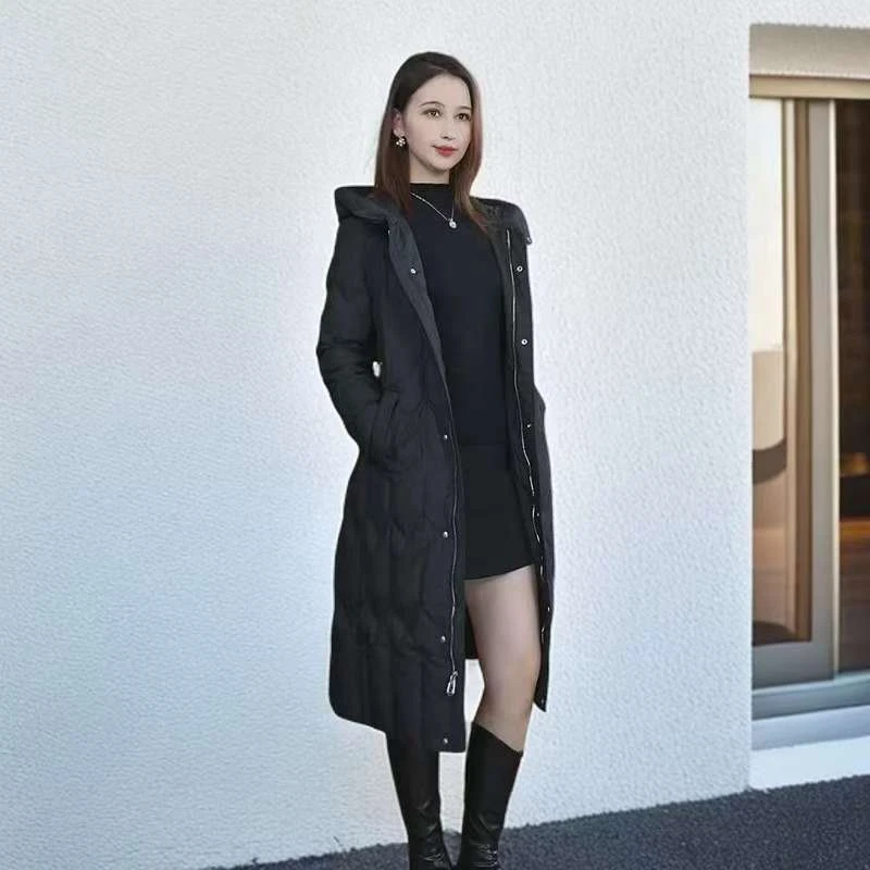 383-冬季中长款时尚百搭设计显瘦保暖过膝羽绒服