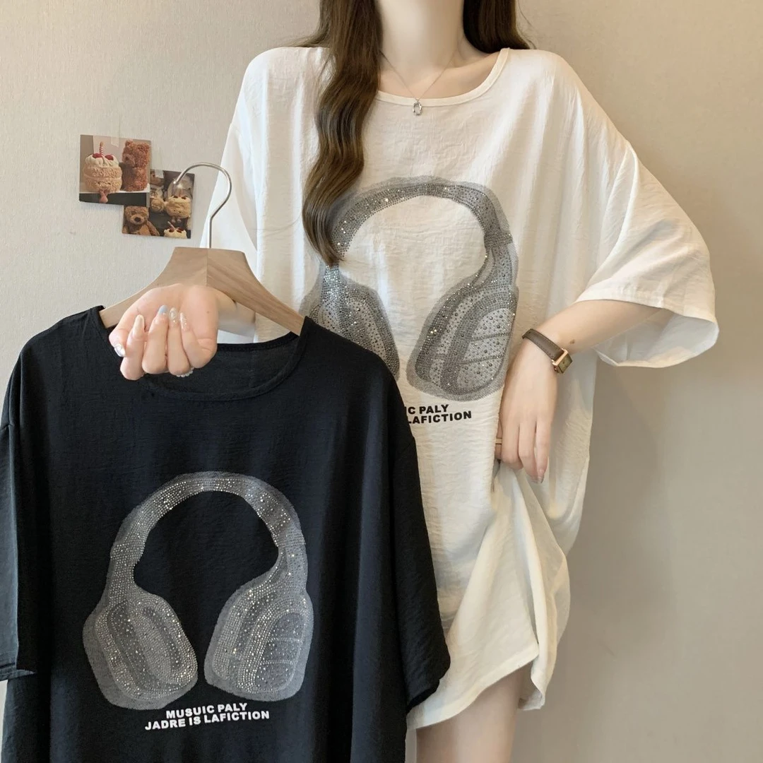 大码起皱冰丝重工烫钻短袖t恤女夏季2025新款宽松显瘦胖mm上衣女