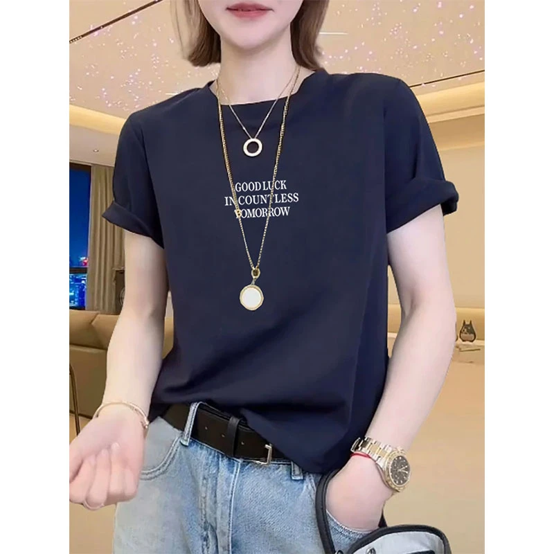 2025新款正肩高级短袖T恤女时尚洋气减龄藏青色上衣打底衫夏季潮